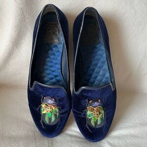 Tory Burch Easton Blue Velvet Loafers Embroidered Beetle Fairycore Regal Sz 6.5